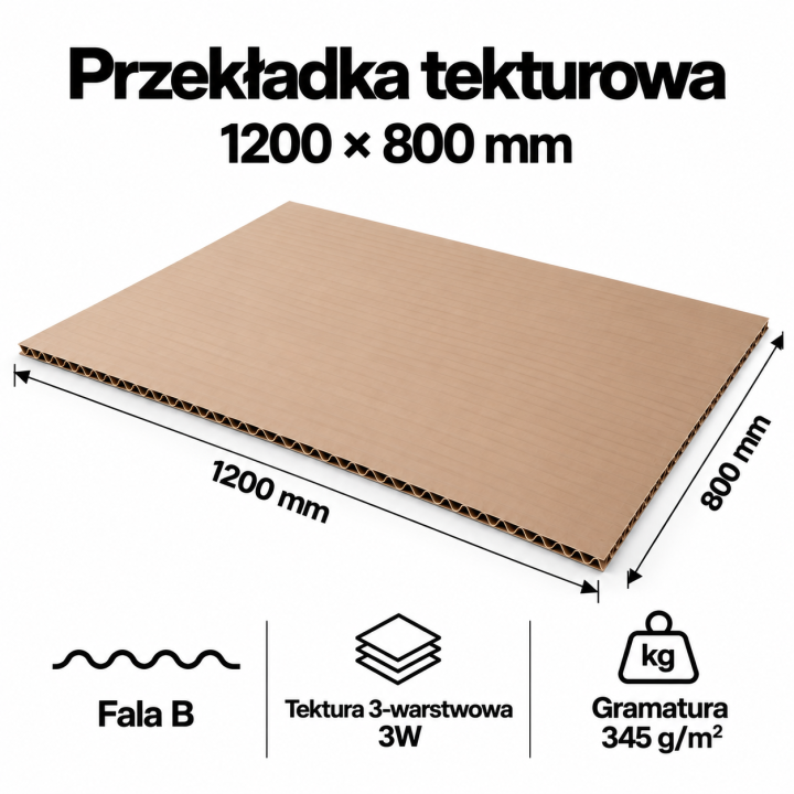 Przekładka tekturowa 1200 × 800 mm, szara, 3W, fala B, 345 g/m² - 20 szt.