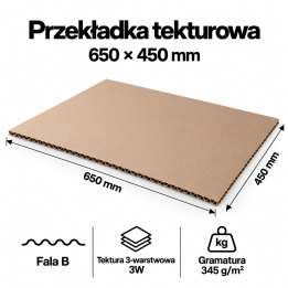 Przekładka tekturowa 650 × 450 mm, szara, 3W, fala B, 345 g/m² - 20 szt.